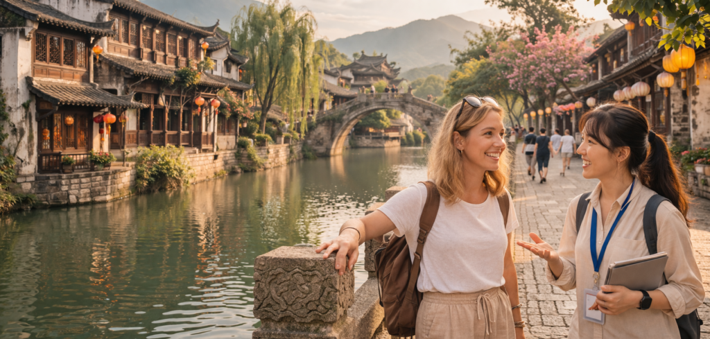 古镇黄昏的悠闲时光