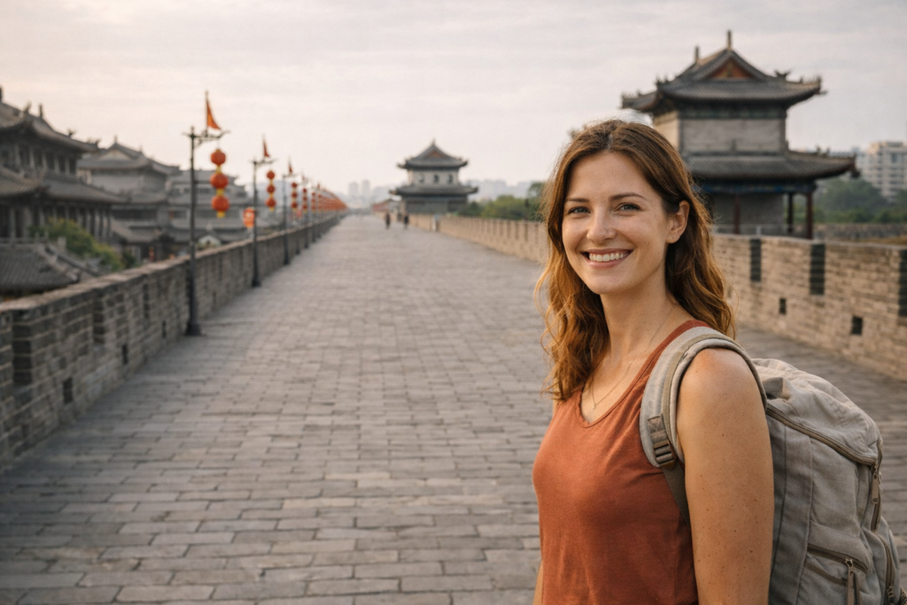 西安古城墙上的微笑女孩