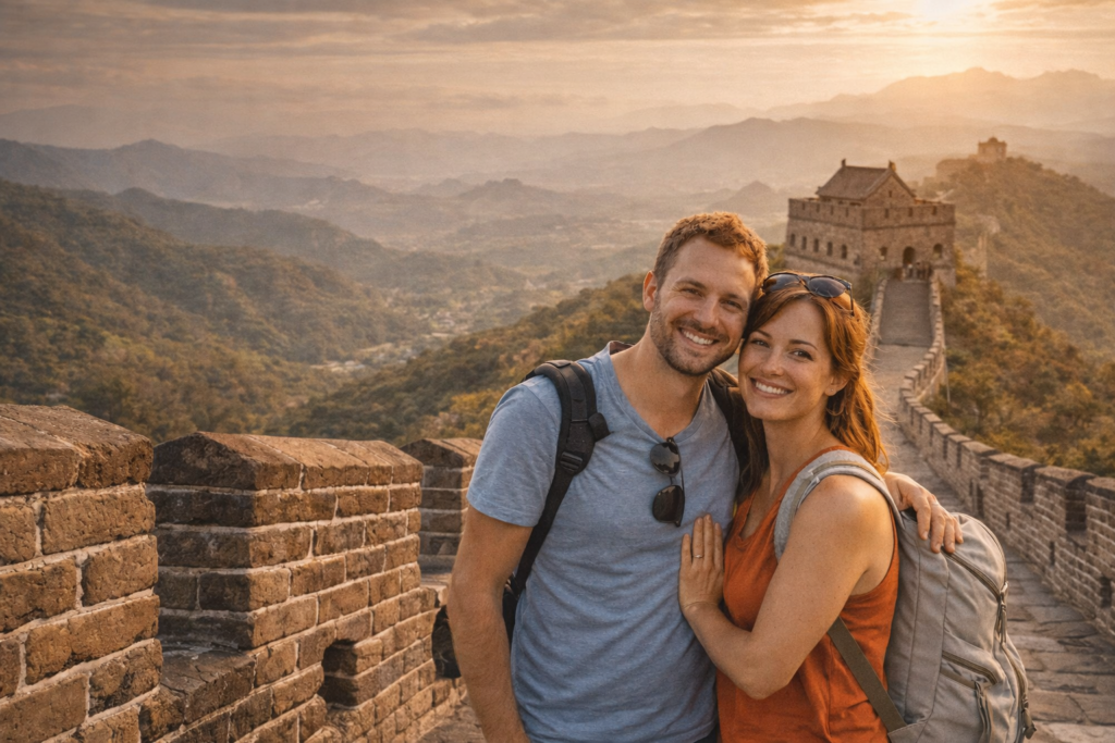 长城日落情侣合影